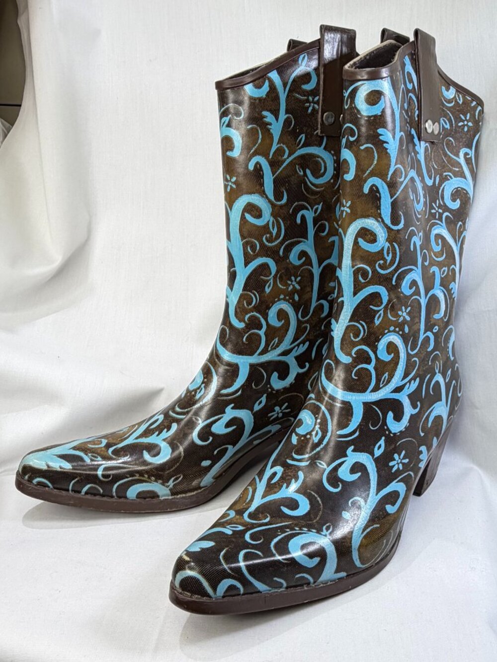 Womens Rain Bops Rubber Cowboy Style Boots Size 8 Turquoise Brown